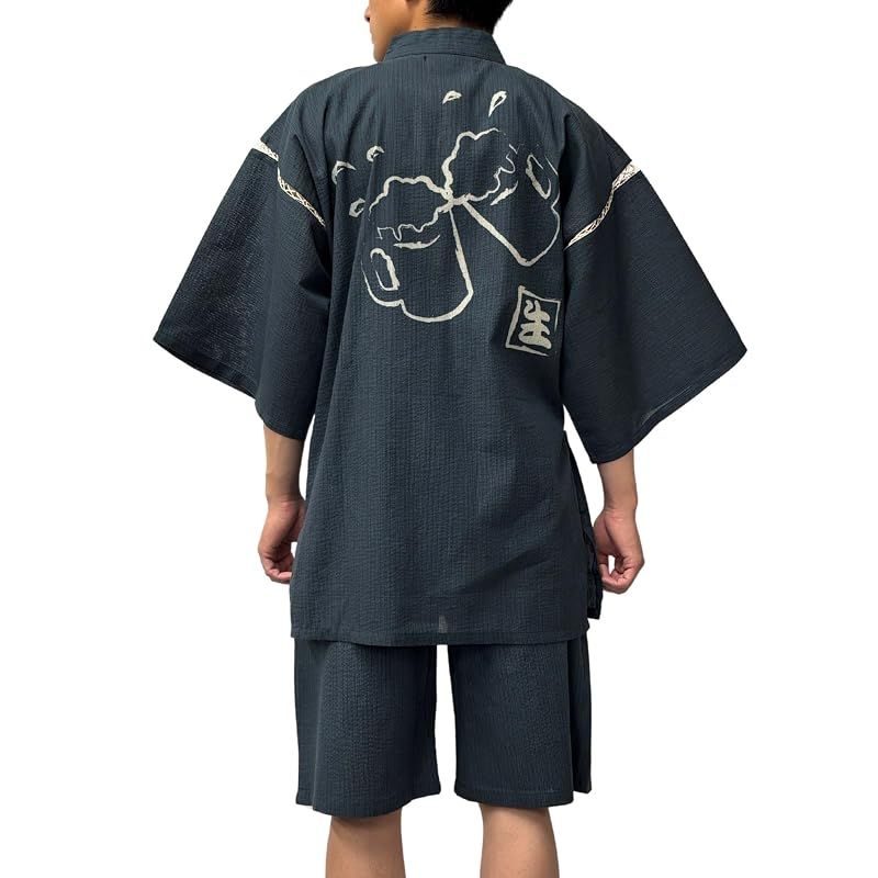 【新品】 [江戸てん] 甚平 しじら織り 涼しい 夏 綿100％ 抜染オリジナル柄 和柄 生ビール 紺 LL