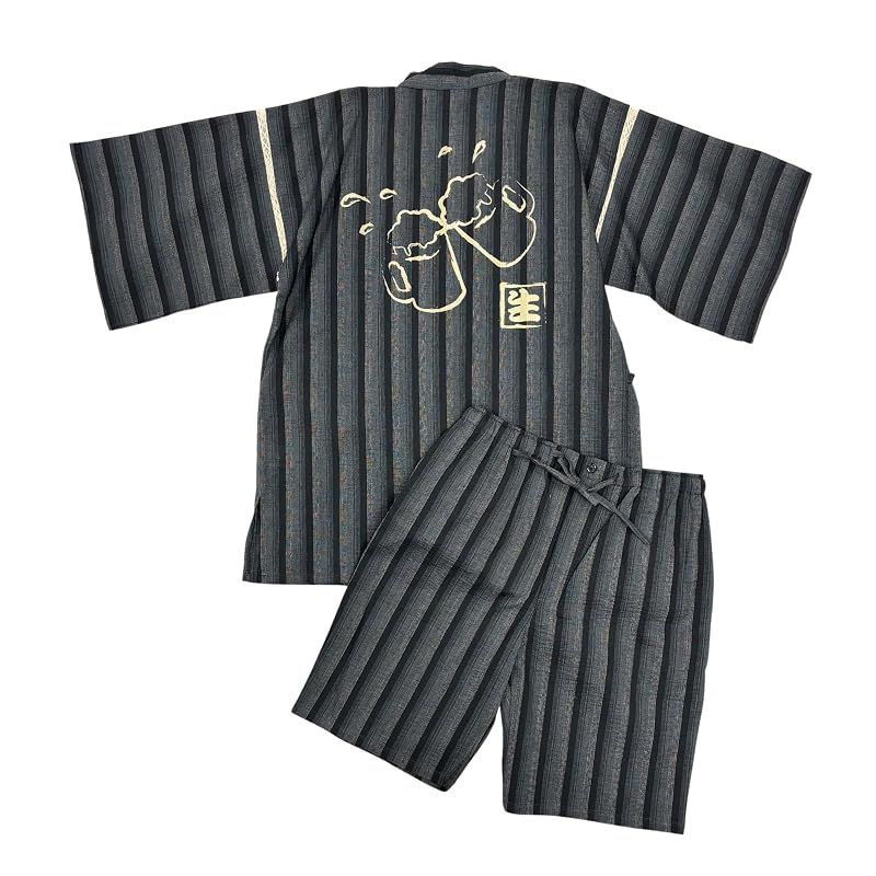 【新品】 [江戸てん] 甚平 しじら織り 涼しい 夏 綿100％ 抜染オリジナル柄 和柄 生ビール（乾杯） グレーストライプ 3L