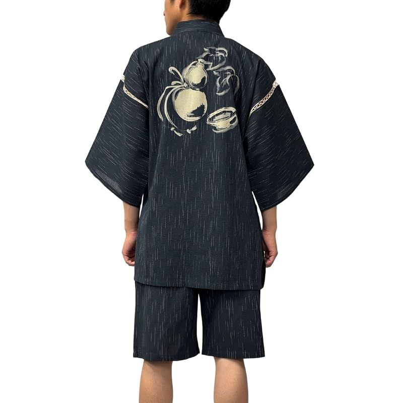 【新品】 [江戸てん] 甚平 しじら織り 涼しい 夏 綿100％ 抜染オリジナル柄 和柄 瓢箪（ひょうたん） 黒 4L