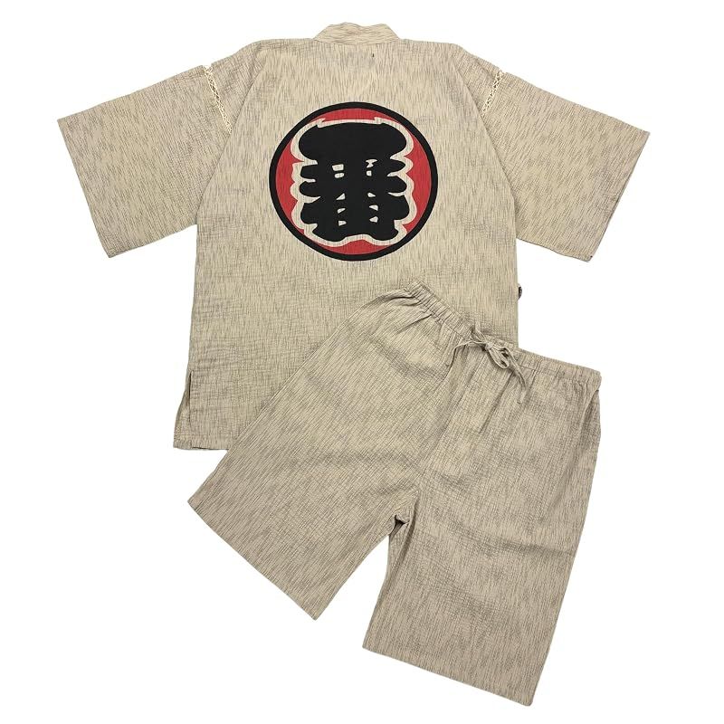 【新品】 [江戸てん] メンズ甚平 綿100％ しじら織り 和文字デザイン 江戸文字 火消し風【江戸粋文字】夏用 涼しい 大きいサイズ江戸文字 1 カラー ベージュ LL
