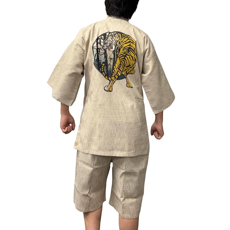 【新品】 [江戸てん] 甚平 メンズ 上下セット 夏用甚平 しじら織【猛獣和図】 プリント柄 綿100％ 竹と虎カラー ベージュ LL