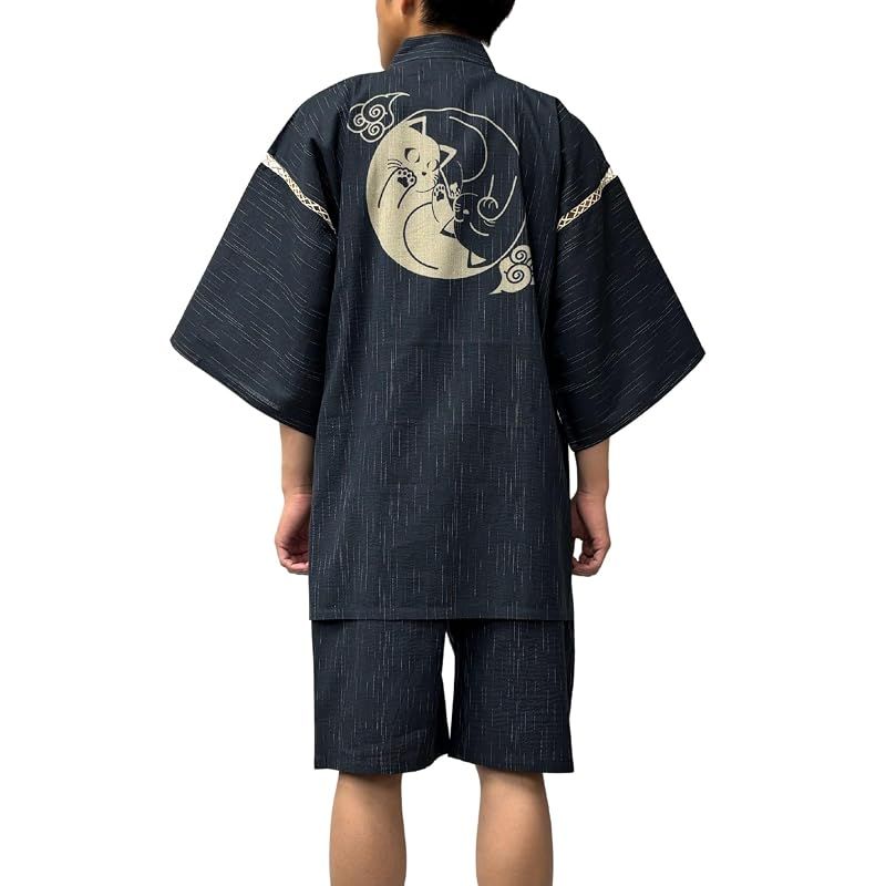 【新品】 [江戸てん] 甚平 しじら織り 涼しい 夏 綿100％ 抜染猫柄 オリジナル柄 メンズ 巴猫 黒 L 8,954円