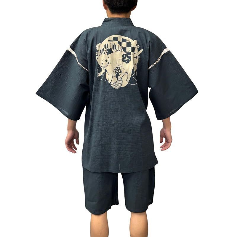 【新品】 [江戸てん] 甚平 しじら織り 涼しい 夏 綿100％ 抜染猫柄 オリジナル柄 メンズ 猫とねじ梅 紺 L