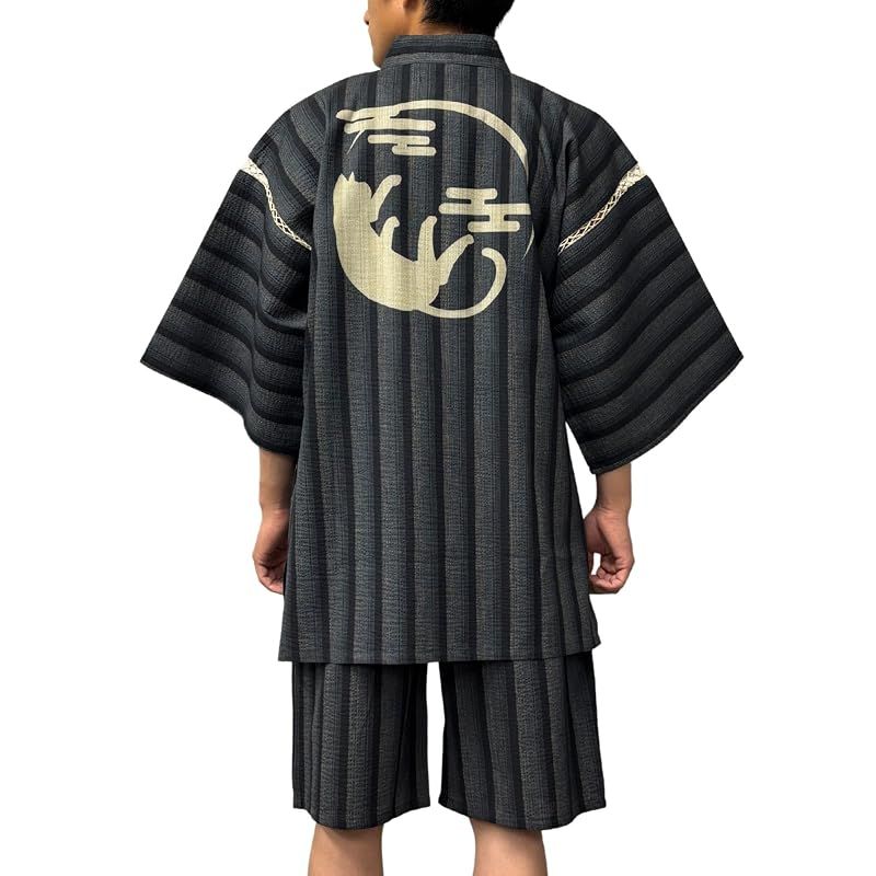 【新品】 [江戸てん] 甚平 しじら織り 涼しい 夏 綿100％ 抜染猫柄 オリジナル柄 メンズ 三日月猫 グレーストライプ LL