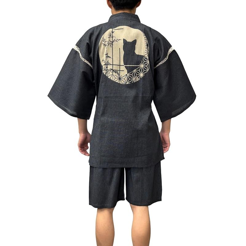 【新品】 [江戸てん] 甚平 しじら織り 涼しい 夏 綿100％ 抜染猫柄 オリジナル柄 メンズ 丸窓の猫 グレー LL