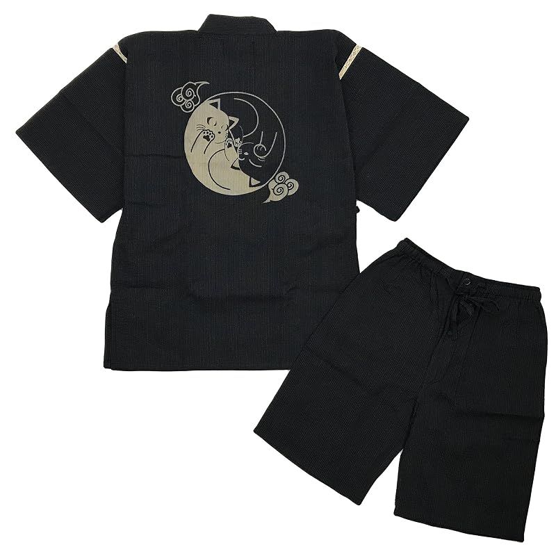 【新品】 [江戸てん] 甚平 しじら織り 涼しい 夏 綿100％ 抜染猫柄 オリジナル柄 メンズ 巴猫 グレー LL
