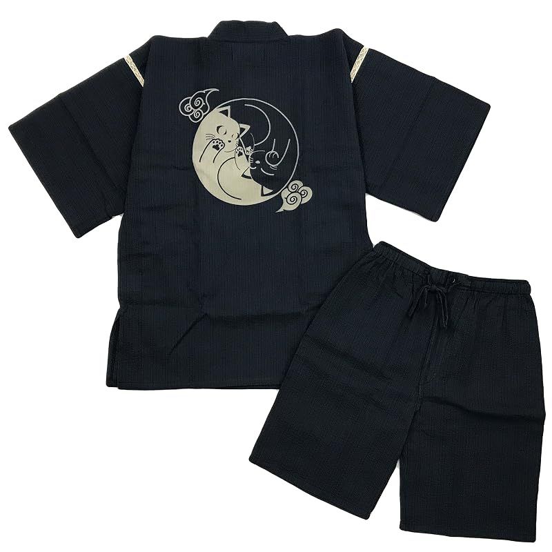 【新品】 [江戸てん] 甚平 しじら織り 涼しい 夏 綿100％ 抜染猫柄 オリジナル柄 メンズ 巴猫 紺 LL