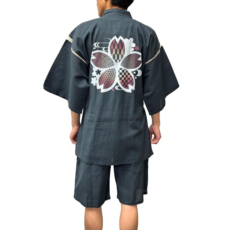 【新品】 [江戸てん] 甚平 しじら織 プリント和柄 和麗・和文化デザイン【幽玄和柄】 上下セット メンズ 夏用甚平 綿100％ 涼しい 和柄 和紋桜 紺 L