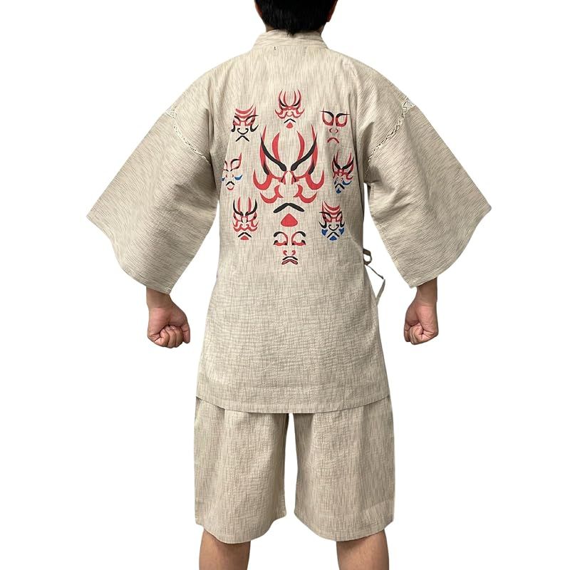 【新品】 [江戸てん] 甚平 しじら織 プリント和柄 和麗・和文化デザイン【幽玄和柄】 上下セット メンズ 夏用甚平 綿100％ 涼しい 和柄 丸隈取 隈取ならべ ベージュ L