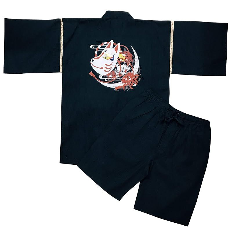 【新品】 [江戸てん] 甚平 しじら織 プリント和柄 和麗・和文化デザイン【幽玄和柄】 上下セット メンズ 夏用甚平 綿100％ 涼しい 和柄 狐面と彼岸花 紺 4L