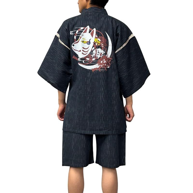 【新品】 [江戸てん] 甚平 しじら織 プリント和柄 和麗・和文化デザイン【幽玄和柄】 上下セット メンズ 夏用甚平 綿100％ 涼しい 和柄 狐面と彼岸花 黒 5L