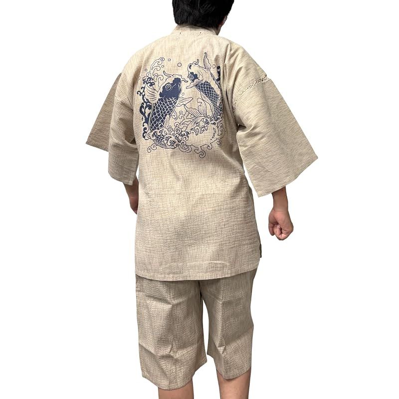 【新品】 [江戸てん] 甚平 しじら織り 涼しい 夏 綿100% 捺染プリント メンズ ＜粋鯉図＞ 背中に昇鯉 ベージュ 3L