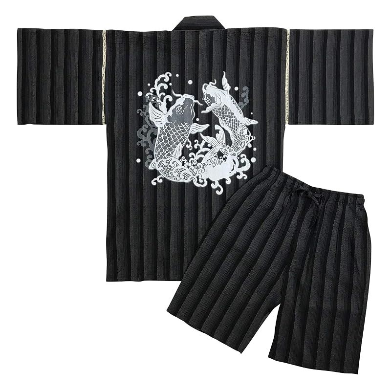 【新品】 [江戸てん] 甚平 しじら織り 涼しい 夏 綿100% 捺染プリント メンズ ＜粋鯉図＞ 背中に昇鯉 グレーストライプ 5L