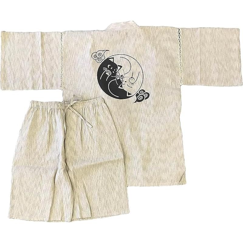 【新品】 [江戸てん] 甚平 しじら織りメンズ 和柄プリント 猫と和古典モチーフ【和猫縁起堂】 綿100％ 涼しい 夏用 巴猫（黒一色） ベージュ M