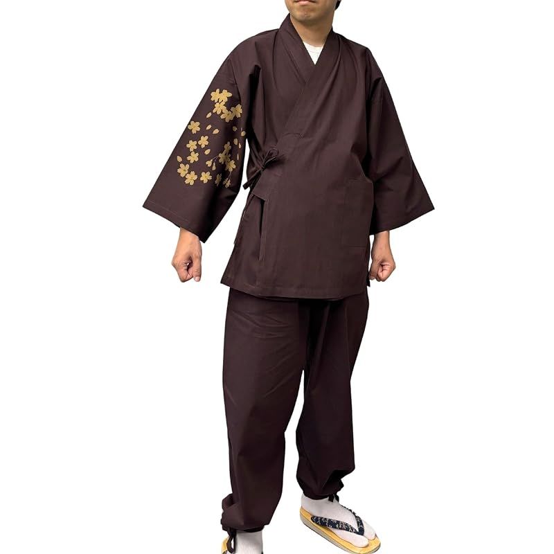 【新品】 [江戸てん] 作務衣 柔らかい平織り 抜染オリジナル柄 袖に桜 茶 L