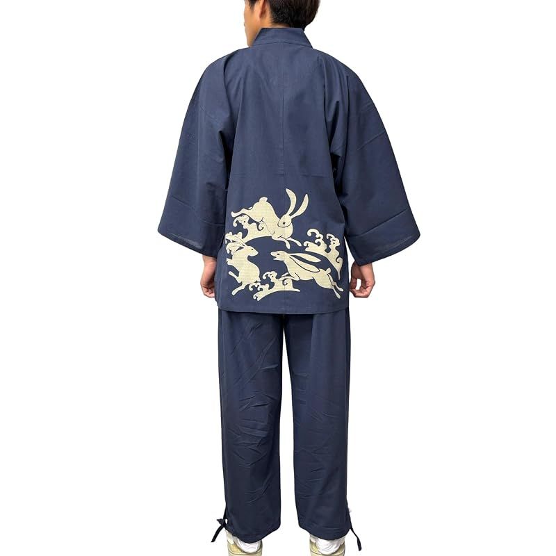 【新品】 [江戸てん] 作務衣 柔らかい平織り 抜染オリジナル柄 腰に波うさぎ 紺 LL