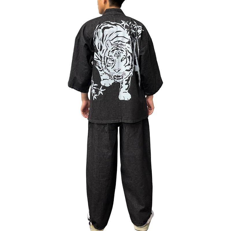 【新品】 [江戸てん] 作務衣 デニム生地 （綿100％） しっかりしているのに柔らかい さむえ 柄入り 通年 メンズ 虎 黒 M