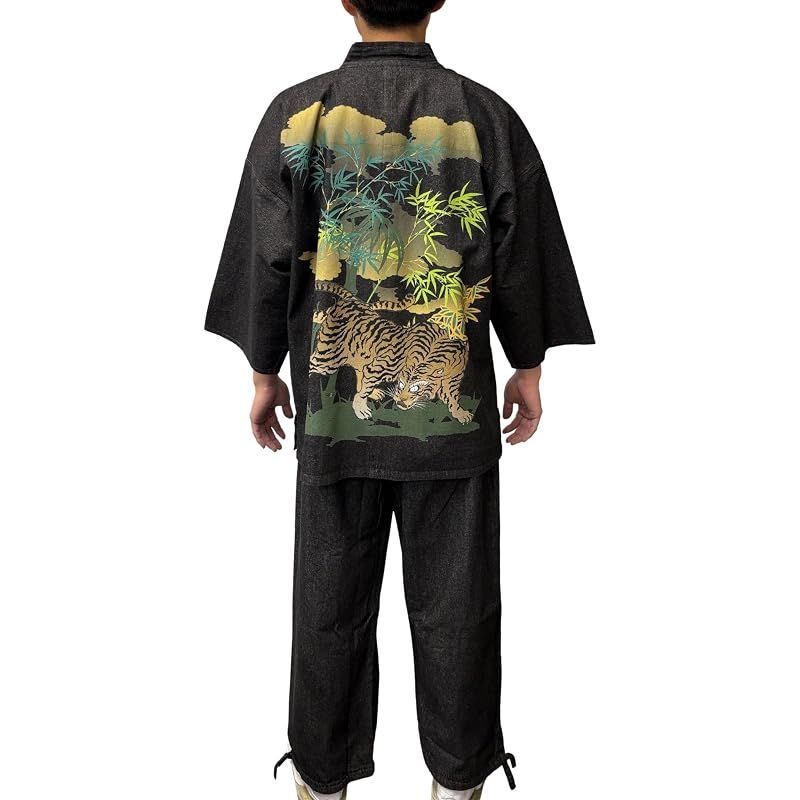 【新品】 [江戸てん] 作務衣 デニム生地 （綿100％） しっかりしているのに柔らかい さむえ 柄入り 通年 メンズ 虎と竹林 黒 M