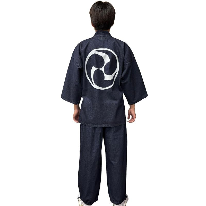 【新品】 [江戸てん] 作務衣 デニム生地 （綿100％） しっかりしているのに柔らかい さむえ 柄入り 通年 メンズ 三つ巴 紺 L