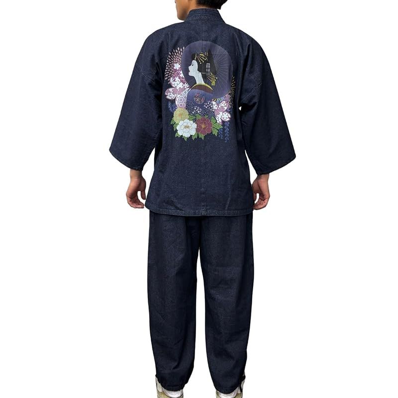 【新品】 [江戸てん] 作務衣 デニム生地 （綿100％） しっかりしているのに柔らかい さむえ 柄入り 通年 メンズ 花魁カラー おいらん 紺 3L