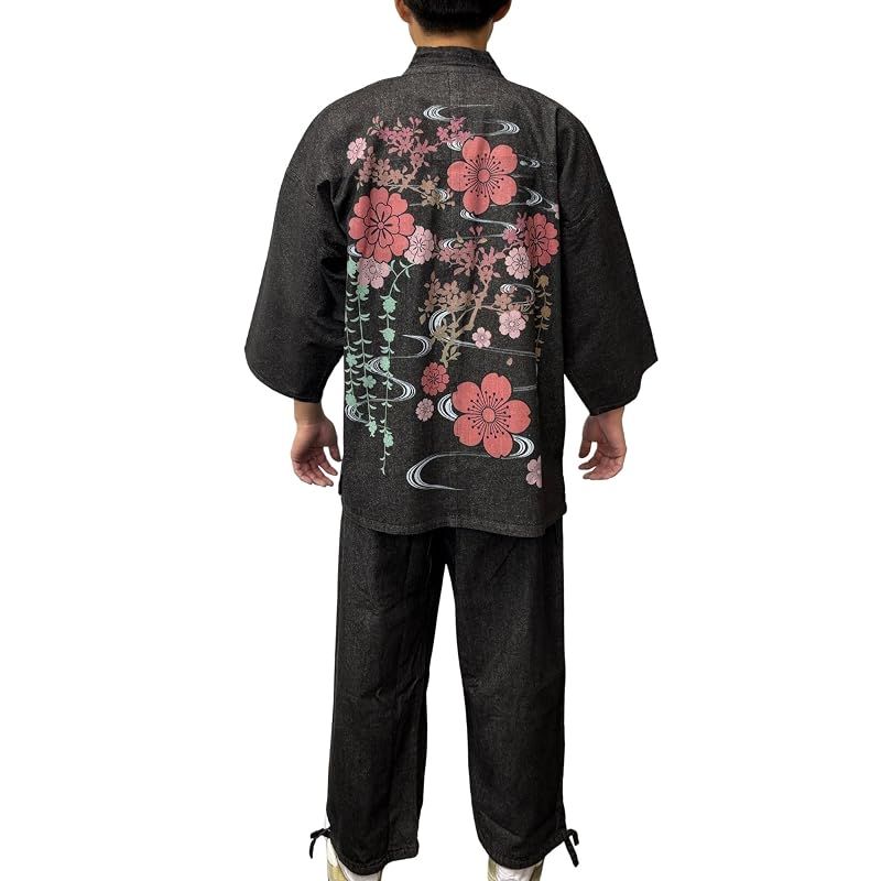 【新品】 [江戸てん] 作務衣 デニム生地 （綿100％） しっかりしているのに柔らかい さむえ 柄入り 通年 メンズ 桜カラー 黒 4L