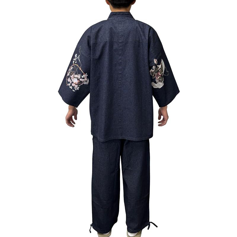 【新品】 [江戸てん] 作務衣 デニム生地 （綿100％） しっかりしているのに柔らかい さむえ 柄入り 通年 メンズ 風神雷神カラー 両袖 紺 5L