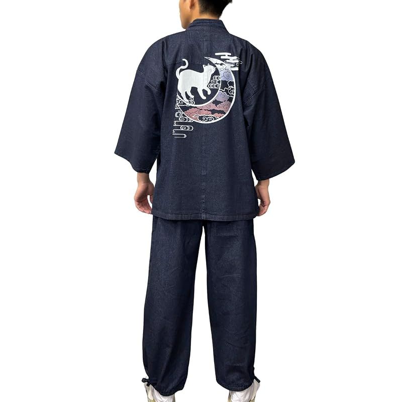 【新品】 [江戸てん] デニム作務衣 上下セット 大きいサイズ M?5L メンズ 捺染プリント 猫と月雲・背中 紺 M