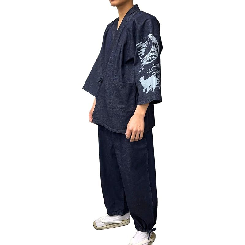 【新品】 [江戸てん] デニム作務衣 上下セット 大きいサイズ M?5L メンズ 捺染プリント 猫と月雲 左袖 紺 LL