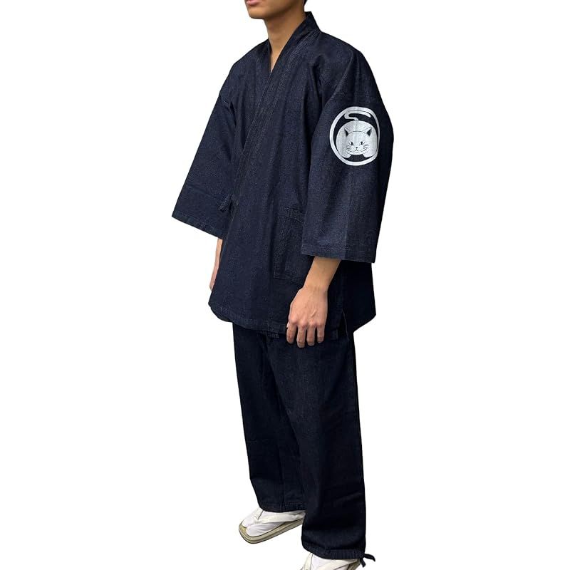 【新品】 [江戸てん] デニム作務衣 上下セット 大きいサイズ M?5L メンズ 捺染プリント 真向き猫左袖 紺 3L