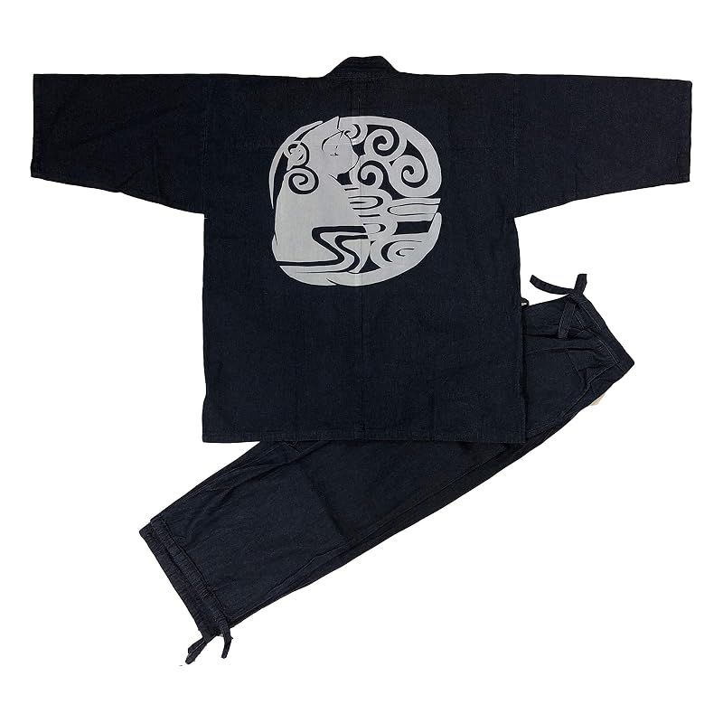 【新品】 [江戸てん] デニム作務衣 上下セット 大きいサイズ M?5L メンズ 捺染プリント 唐草猫 紺 4L