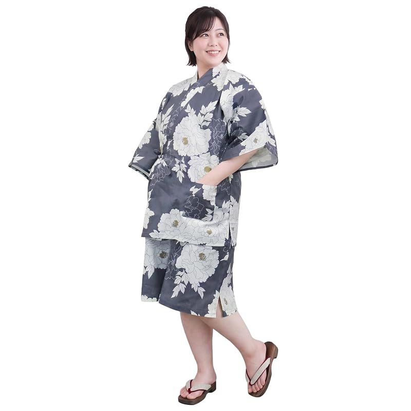 【新品】 [キョウエツ] 甚平 単品 上下セット ルームウェア 綿 レディース フリーワイドサイズ FW (紺碧古典牡丹, フリーワイドサイズ)