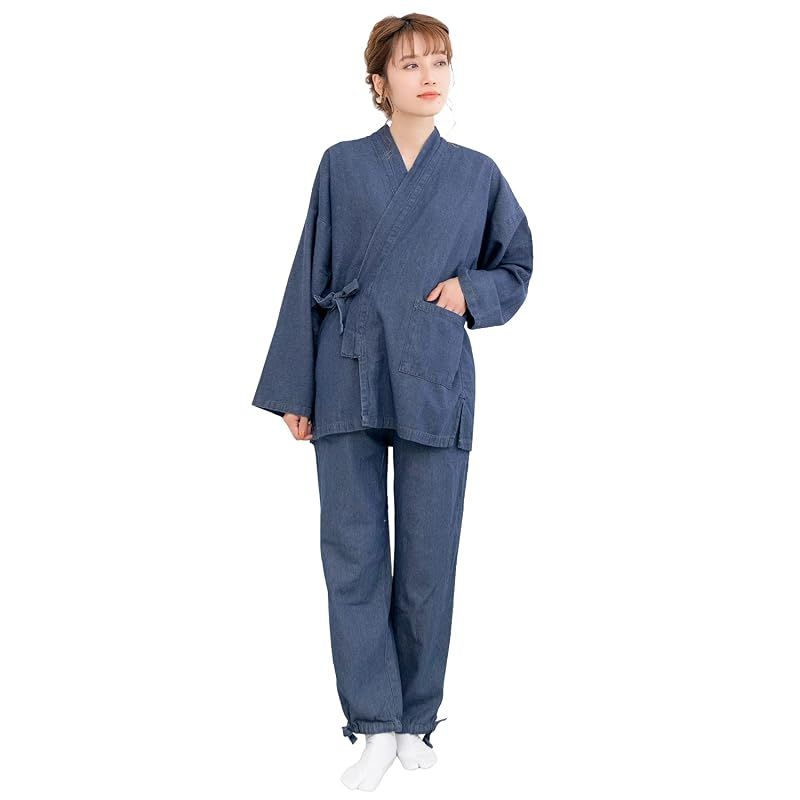 【新品】 [KYOETSU] [キョウエツ] 作務衣 デニム 洗える 無地 綿100% 通年 レディース (M-1, インディゴ)