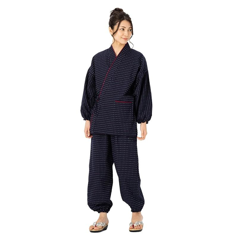 【新品】 綿の郷(ワタノサト) 日本製 作務衣 レディース お洒落 久留米織 女性用 ドビー織 あられ柄 上下セット 5322-2 (M, 赤入りあられ)