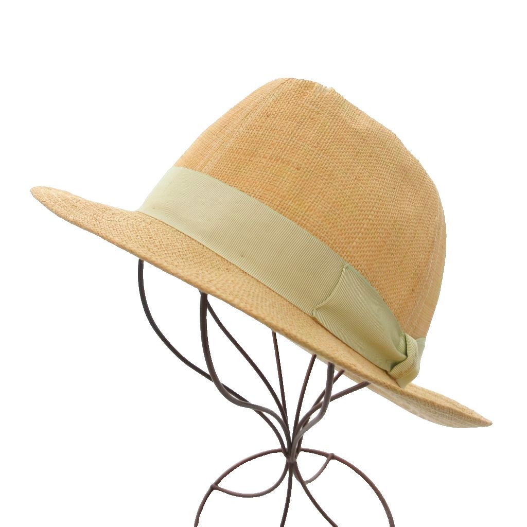 ボルサリーノ Borsalino 麦わら帽子 ストローハット 中折れ帽 ベージュ リボン ライトグリーン /SD ■GY62