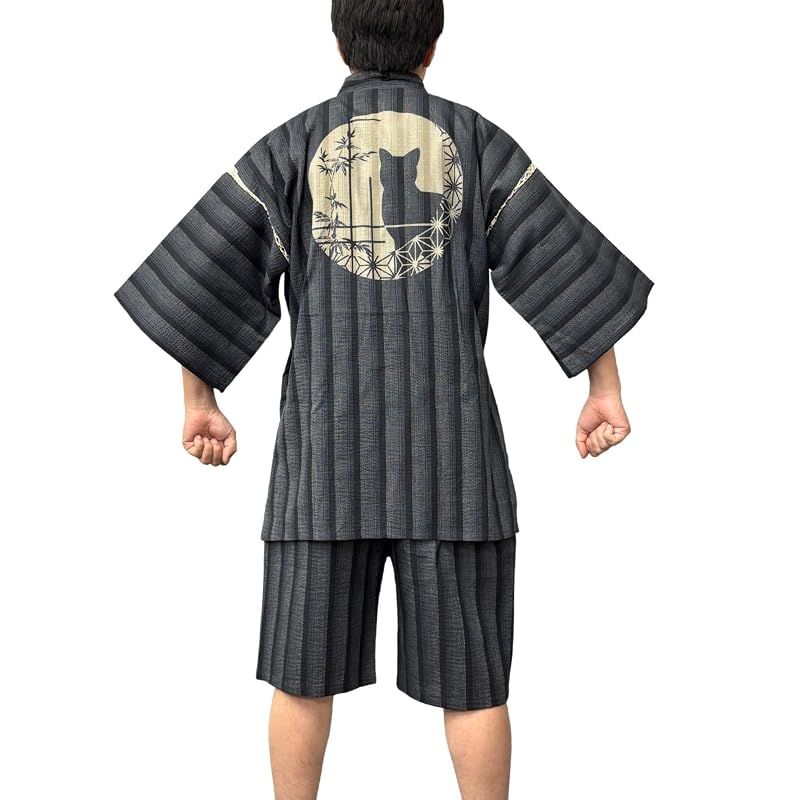 【新品】 [江戸てん] 甚平 しじら織り 涼しい 夏 綿100％ 抜染猫柄 オリジナル柄 メンズ 丸窓の猫 グレーストライプ M