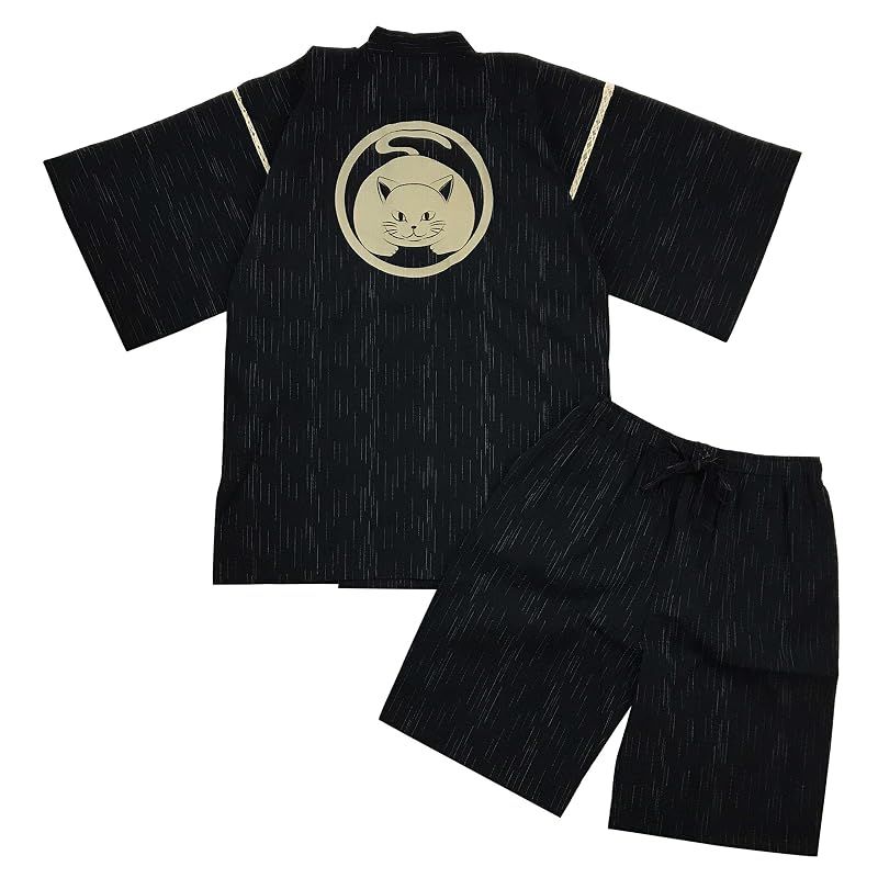 【新品】 [江戸てん] 甚平 しじら織り 涼しい 夏 綿100％ 抜染猫柄 オリジナル柄 メンズ 真向き猫 黒 M