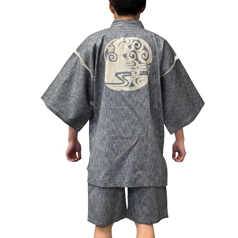 【新品】 [江戸てん] 甚平 しじら織り 涼しい 夏 綿100％ 抜染猫柄 オリジナル柄 メンズ 唐草猫 ライトグレー L