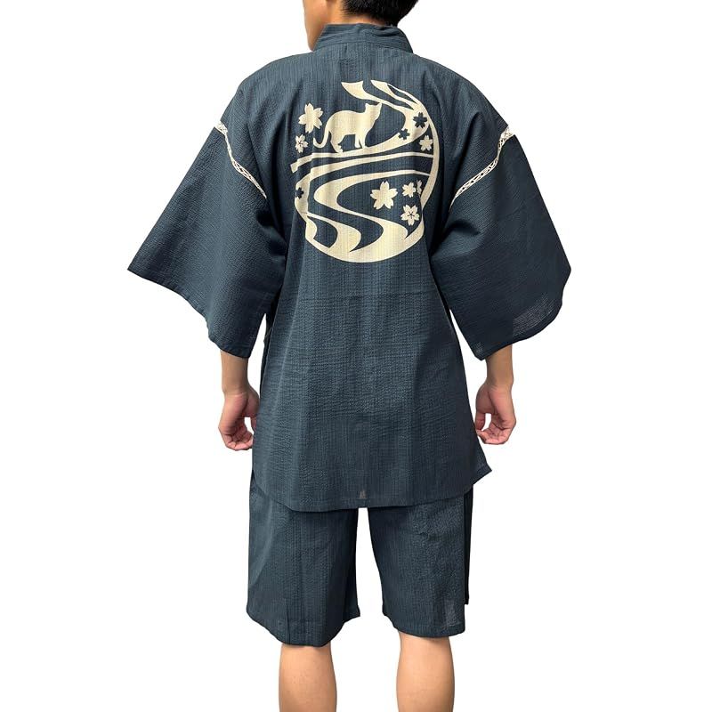 【新品】 [江戸てん] 甚平 しじら織り 涼しい 夏 綿100％ 抜染猫柄 オリジナル柄 メンズ 波桜と猫 紺 LL