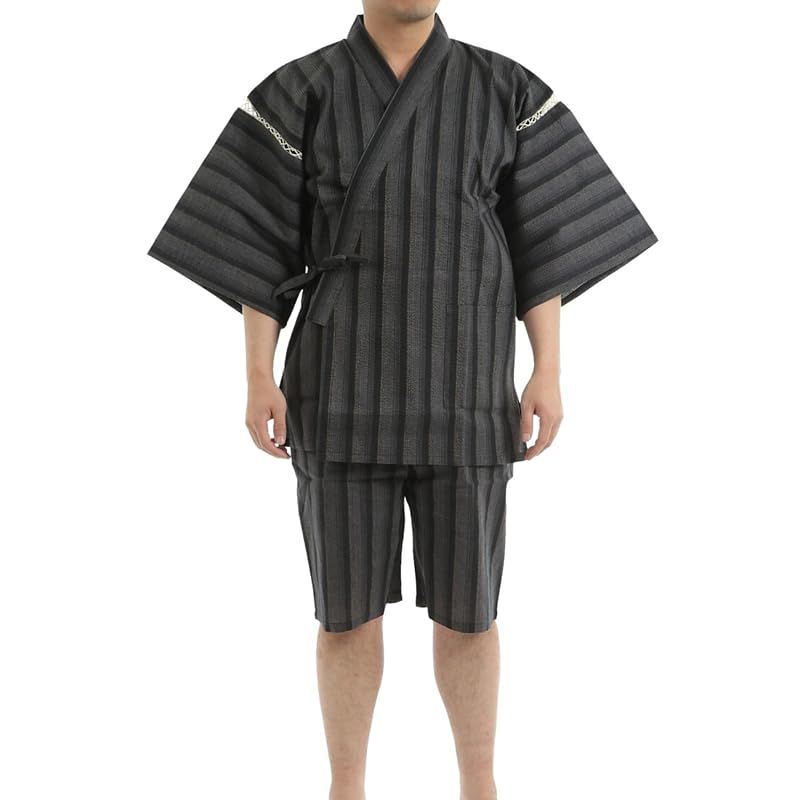 【新品】 [江戸てん] しじら織り甚平 綿100％ 涼しい着心地 和服 夏服 メンズ 大きいサイズ M/L/LL/3L/4L/5L リラックスウェア お祭り 父の日 グレーストライプ709 L