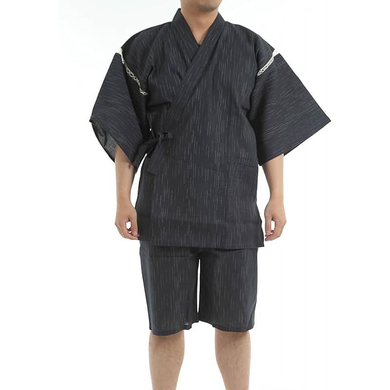 【新品】 [江戸てん] しじら織り甚平 綿100％ 涼しい着心地 和服 夏服 メンズ 大きいサイズ M/L/LL/3L/4L/5L リラックスウェア お祭り 父の日 黒703 LL