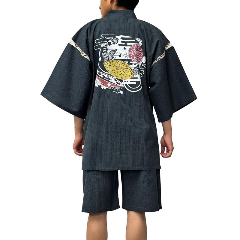 【新品】 [江戸てん] 甚平 メンズ 酒柄 晩酌モチーフ 【酒楽の宵】 綿100％ しじら織り 涼しい 和柄 上下セット 大きいサイズまで 捺染プリント 月花と盃 紺 L