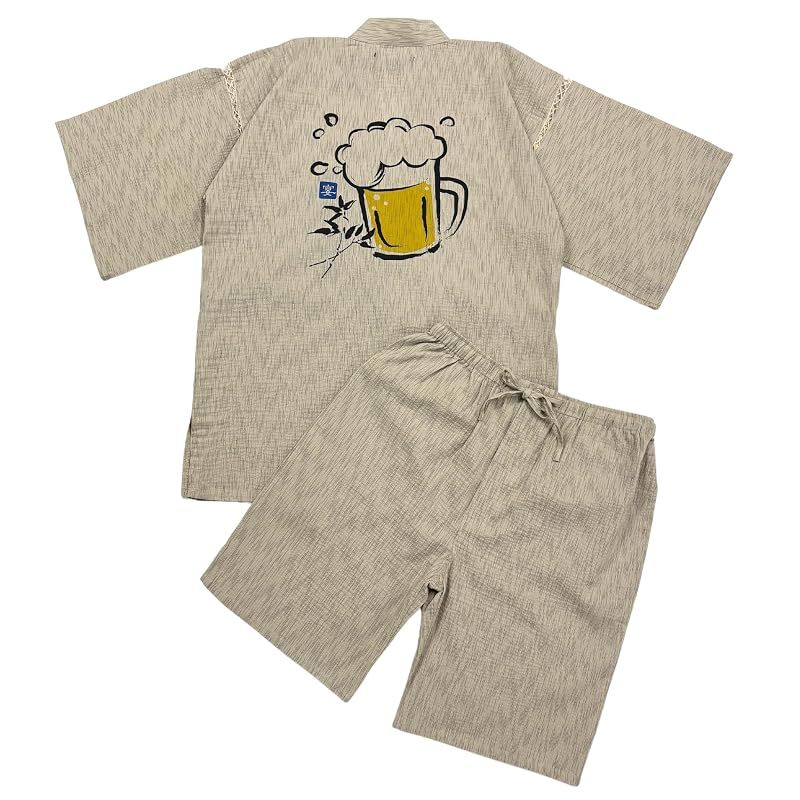 【新品】 [江戸てん] 甚平 メンズ 酒柄 晩酌モチーフ 【酒楽の宵】 綿100％ しじら織り 涼しい 和柄 上下セット 大きいサイズまで 捺染プリント ビールと宴カラー ベージュ LL