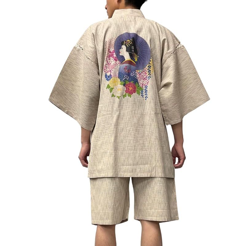 【新品】 [江戸てん] 甚平 しじら織 プリント和柄 和麗・和文化デザイン【幽玄和柄】 上下セット メンズ 夏用甚平 綿100％ 涼しい 和柄 花魁カラー おいらん ベージュ L