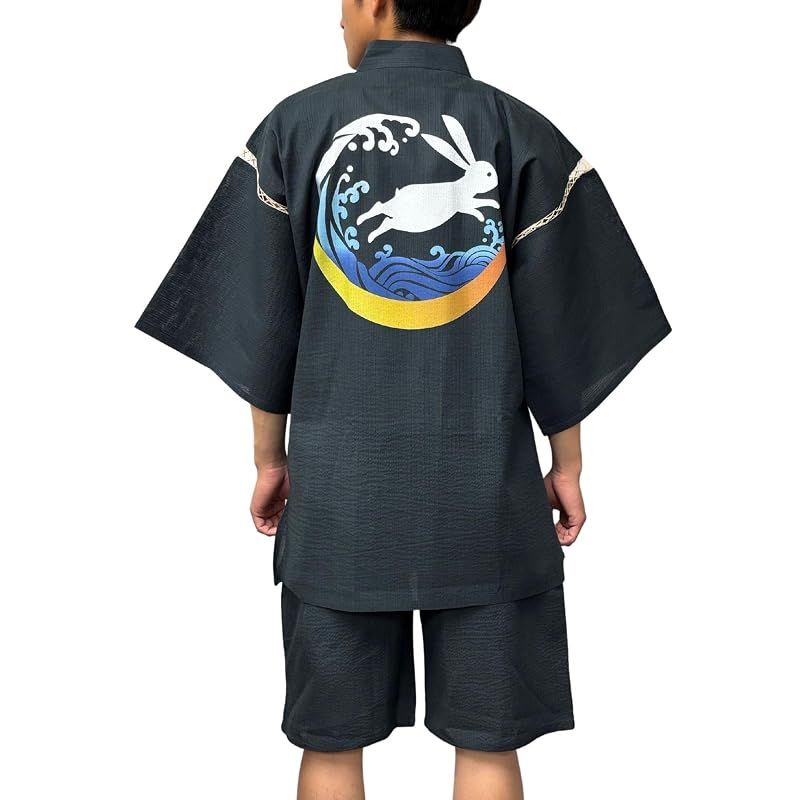 【新品】 [江戸てん] 甚平 しじら織 プリント和柄 和麗・和文化デザイン【幽玄和柄】 上下セット メンズ 夏用甚平 綿100％ 涼しい 和柄 三日月と波兎 紺 L