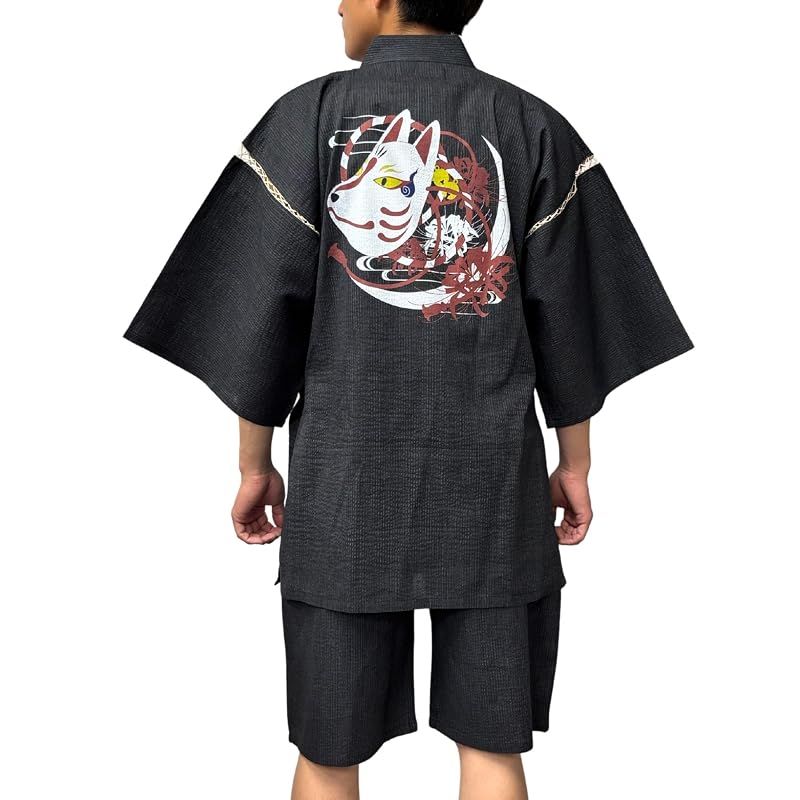 【新品】 [江戸てん] 甚平 しじら織 プリント和柄 和麗・和文化デザイン【幽玄和柄】 上下セット メンズ 夏用甚平 綿100％ 涼しい 和柄 狐面と彼岸花 グレー 3L