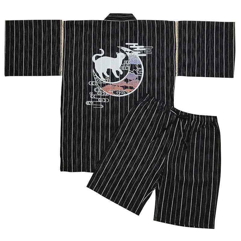 【新品】 [江戸てん] 甚平 綿100％ しじら織り 涼しい メンズ 大判捺染プリント 猫と月モチーフ 【猫月夜シリーズ】 メンズ 猫と月雲黒ストライプ LL