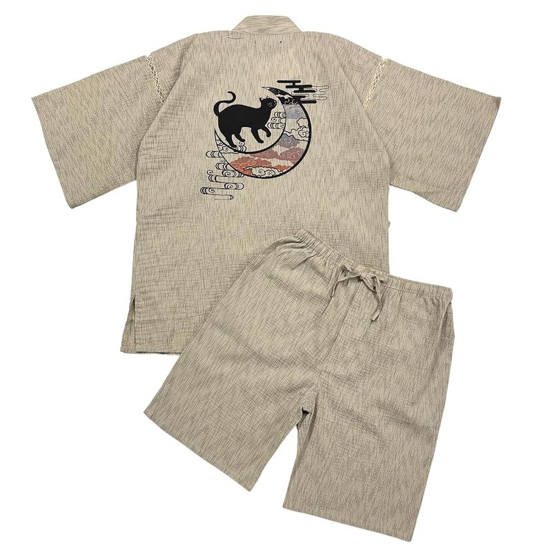 【新品】 [江戸てん] 甚平 綿100％ しじら織り 涼しい メンズ 大判捺染プリント 猫と月モチーフ 【猫月夜シリーズ】 メンズ 猫と月雲 ベージュ M