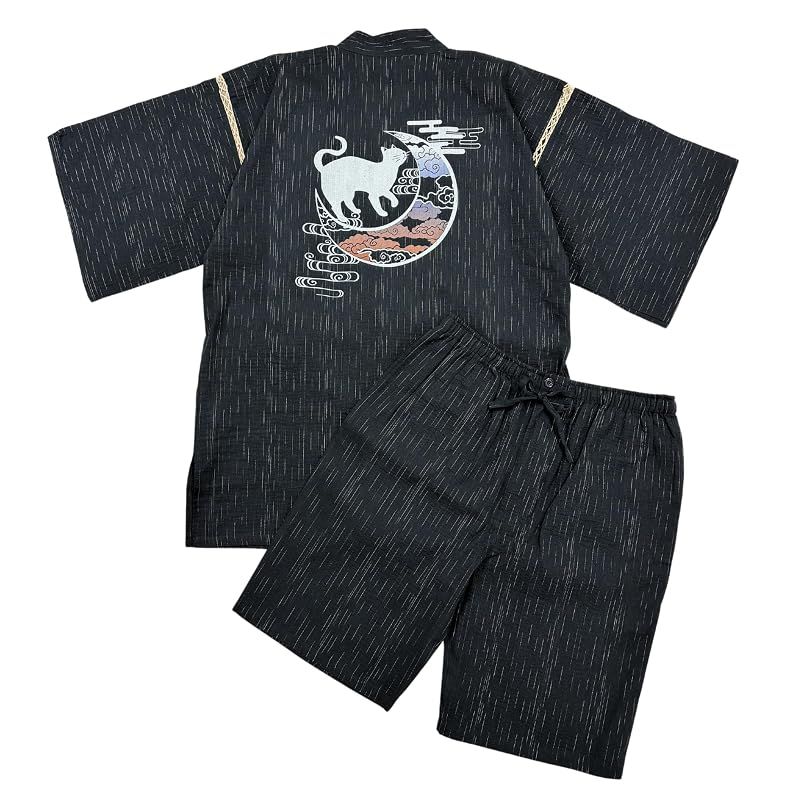 【新品】 [江戸てん] 甚平 綿100％ しじら織り 涼しい メンズ 大判捺染プリント 猫と月モチーフ 【猫月夜シリーズ】 メンズ 猫と月雲 黒 5L