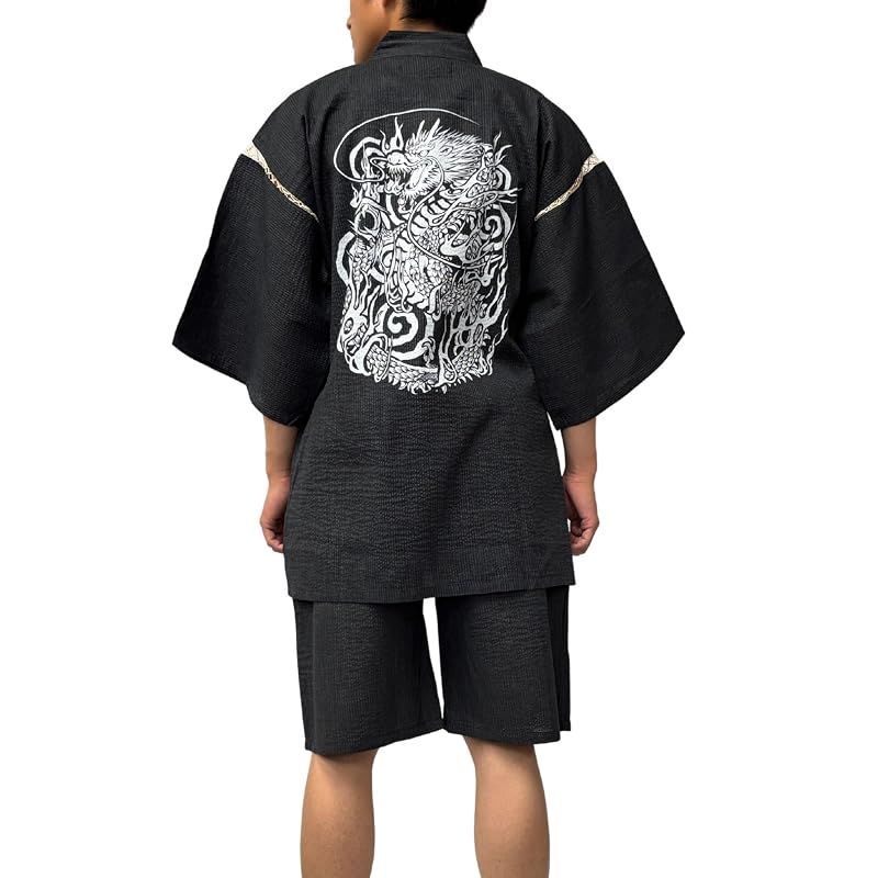 【新品】 [江戸てん] 甚平 しじら織り 夏用 メンズ 綿100％ 和柄 龍 【江戸創龍シリーズ】 大判捺染プリント 涼感 上下セット メンズ 渦龍 グレー L
