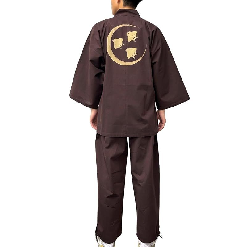 【新品】 [江戸てん] 作務衣 柔らかい平織り 抜染オリジナル柄 三日月千鳥 茶 M